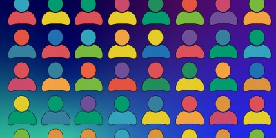 colourful avatars of round heads (minus facial features) on shoulders against a purple, royal blue and turquoise background